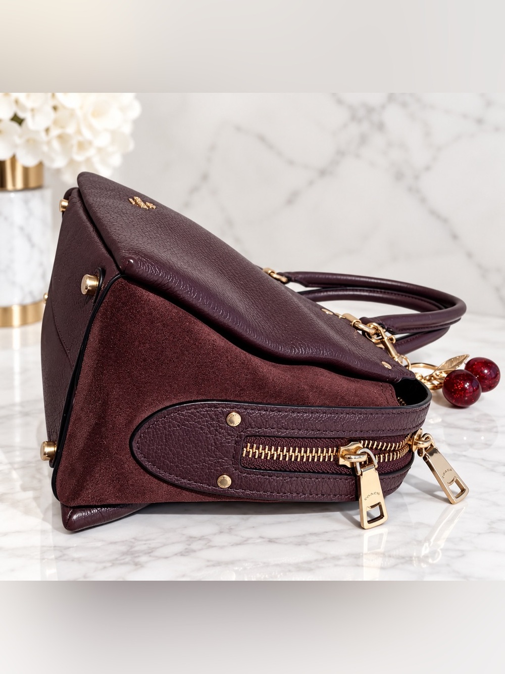Coach Dark Brown/Burgundy Leather & Suede Satchel + Coordinating Wristlet - Picture 5 of 14